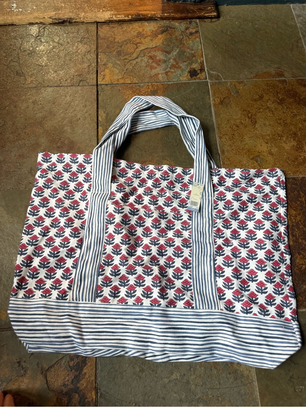 Striped Handle Floral Canvas Tote Bag in Navy & Pink
